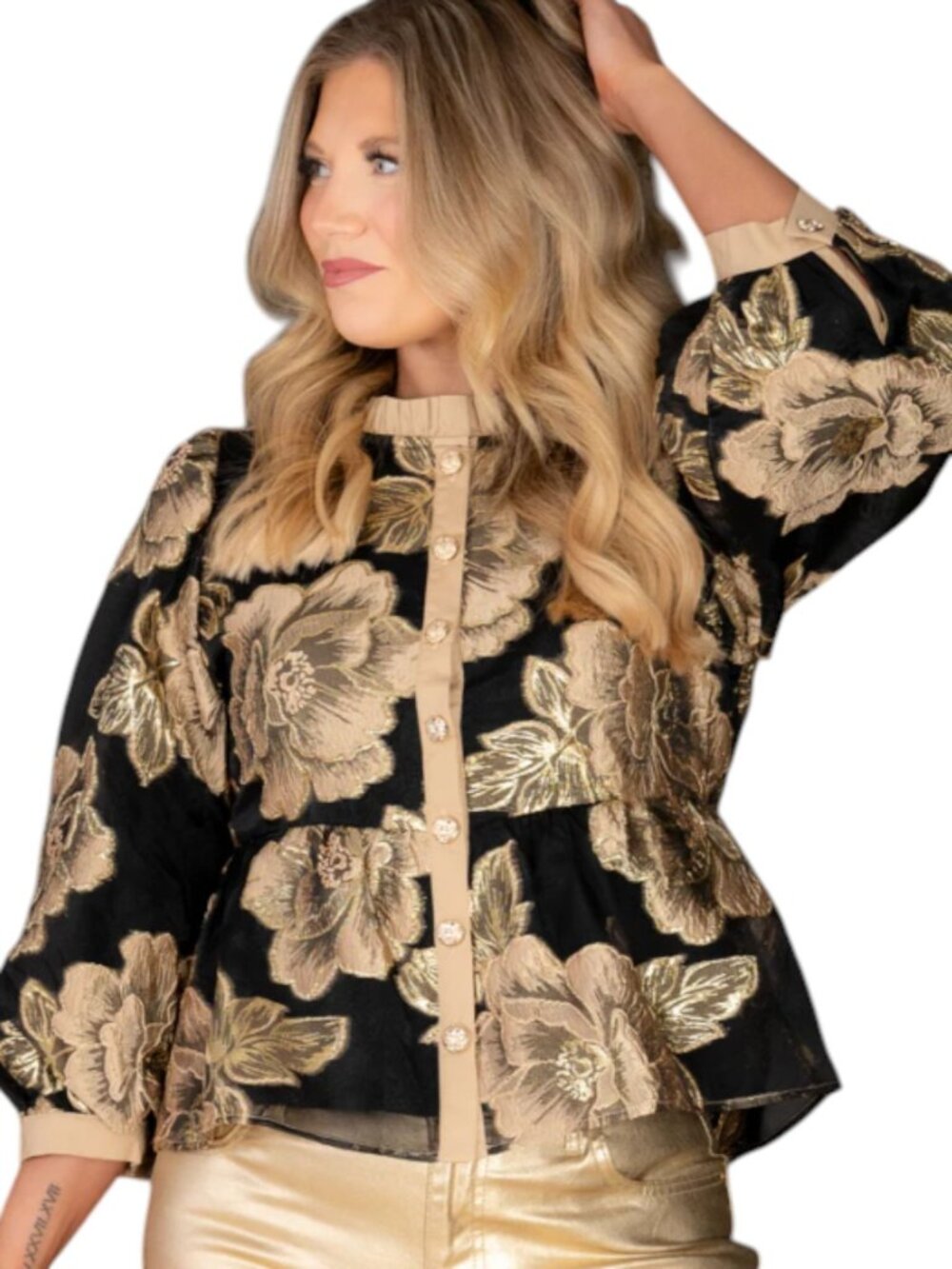 Jodifl Los Angeles Black & Gold Floral Jacquard Puff Sleeve Top Women's Sm. NWT